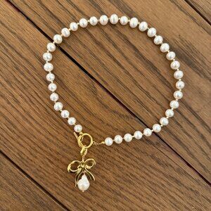 Sequin NYC Olympia Bow Charm Necklace, Brand New! 22k Gold Plated Brass, Pearls!